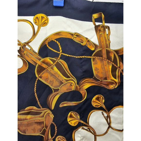 Italian Specialty House Square Polyester Navy Blue White Horse Saddle Gold Scarf - Picture 2 of 10